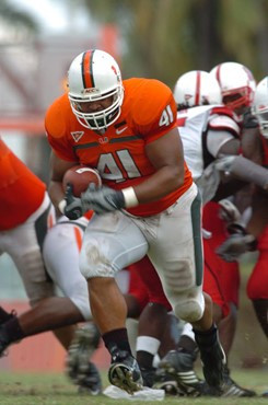 University of Miami fullback Jerrell Mabry #41 rushes in a game against the North Carolina State Wolfpack at the Orange Bowl on November 3, 2007. ...