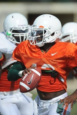 University of Miami Hurricanes quarterback Jacory Harris #12 at Greentree Practice Field on August 13 in afternoon drills to prepare for the upcoming...