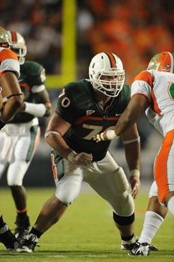 University of Miami Hurricanes guard A.J. Trump #70 plays in a game against the Florida A&M Rattlers at Land Shark Stadium on October 10, 2009. Photo...