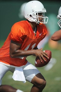 University of Miami Hurricanes quarterback Alonzo Highsmith #11 gets set to through a pass at Greentree Practice Field on August 13 in afternoon...