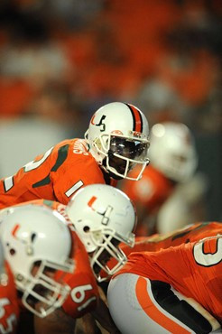 University of Miami Hurricanes quarterback Jacory Harris #12 in his debut completed 16 passes on 26 attempts for 190 yards against Charleston Southern...