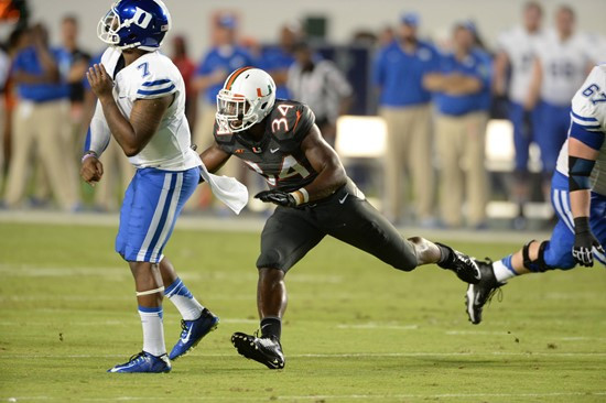 University of Miami Hurricanes linebacker Thurston Ambrister #34 plays in a game against the Duke Blue Devils at Sun Life Stadium on September 27,...