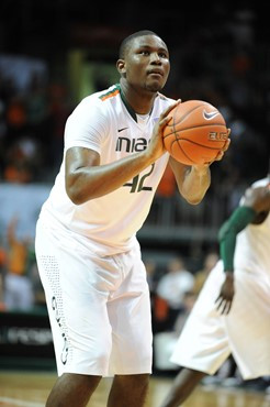 University of Miami Hurricanes center, Reggie Johnson #42, plays host to 2010 NCAA Final Four participant West Virginia at the BankUnited Center on...