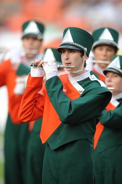 The University of Miami Band of the Hour entertains the crowd at Dolphin Stadium during half-time.
