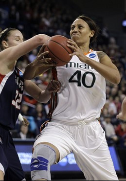 Miami's Shawnice Wilson (40) tries to drive to the basket past Gonzaga's Kayla Standish in the first half of an NCAA tournament second-round women's...