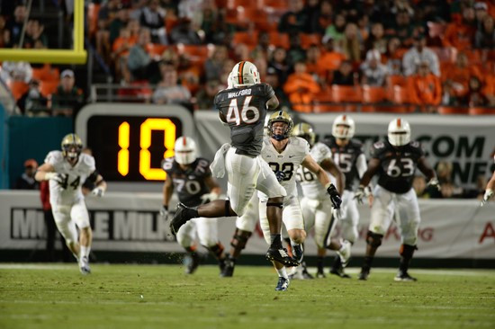 University of Miami Hurricanes tight end Clive Walford #46 plays in a game against The Pittsburgh Panthers at Sun Life Stadium on November 29, 2014. ...