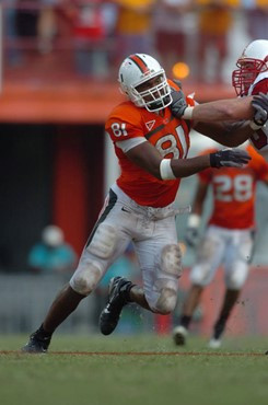 University of Miami defensive end Calais Campbell #81 plays in a game against the North Carolina State Wolfpack at the Orange Bowl on November 3,...
