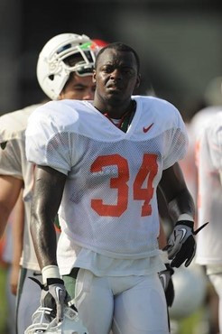 University of Miami Hurricanes players C.J. Holton #37 at Greentree practice fields training for the upcoming 2010 season. The practice was open for...