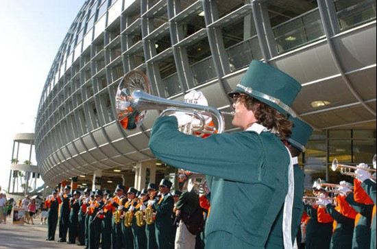 University of Miamiâ?<sup>TM</sup>s Band of the Hour performs for fans before the inaugural game between the Canes and Charleston Southern...