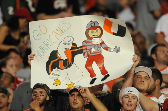 University of Miami Hurricane fans show their team spirit in a game against the Ohio State Buckeyes at Sun Life Stadium on September 17, 2011. Photo...