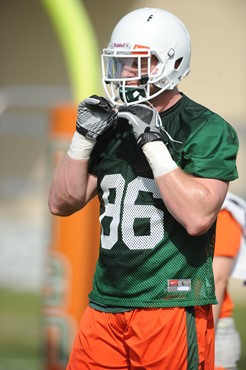 University of Miami tight end, Blake Ayles #86, in his first spring practice at Greentree Practice fields on March 5, 2011 on the University of Miami...