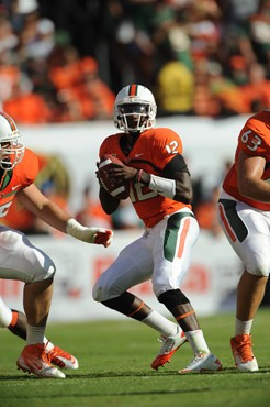 University of Miami Hurricanes quarterback Jacory Harris #12 plays in a game against the Georgia Tech Yellow Jackets at Sun Life Stadium on October...