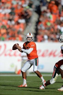 University of Miami Hurricanes quarterback Stephen Morris #17 completed 12 of 25 passes for 162 yards and 2 touchdowns in a game against the Georgia...